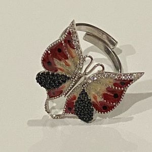925 Silver ring red butterfly enamel